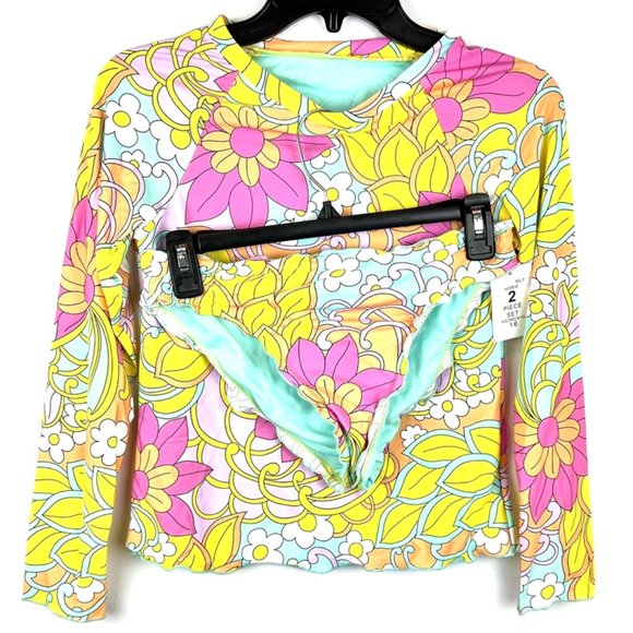 Hobie Girl’s Long Sleeve Floral Rashguard Top And Bikini Bottom Set Size 16